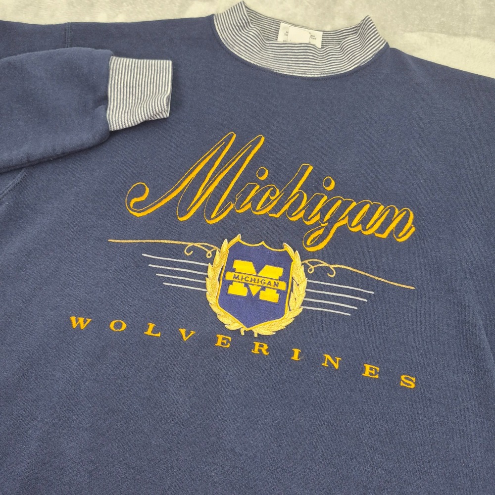 Vintage Michigan Wolverines Sweatshirt Navy Blue Mock Neck Striped Made in USA - Picture 5 of 12